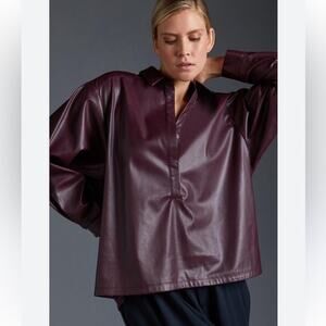Anthropologie Vegan Leather Plum Purple Shirt Long Sleeve Preppy Plus Size 1X